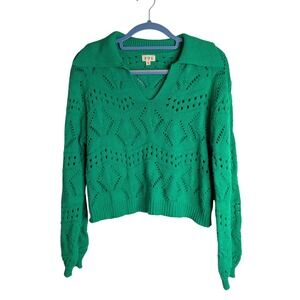 POL Green Open Knit Cropped Sweater Lightweight Collar Size Small